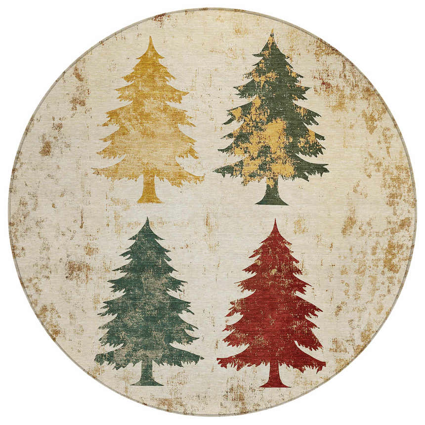 Round Dalyn Wonderland WN19 Ivory Washable Area Rug with burgundy, chestnut, gold, and green Christmas tree design.
