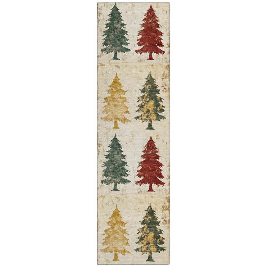 Dalyn Wonderland WN19 Ivory runner rug featuring burgundy, chestnut, gold, and green Christmas tree pattern.