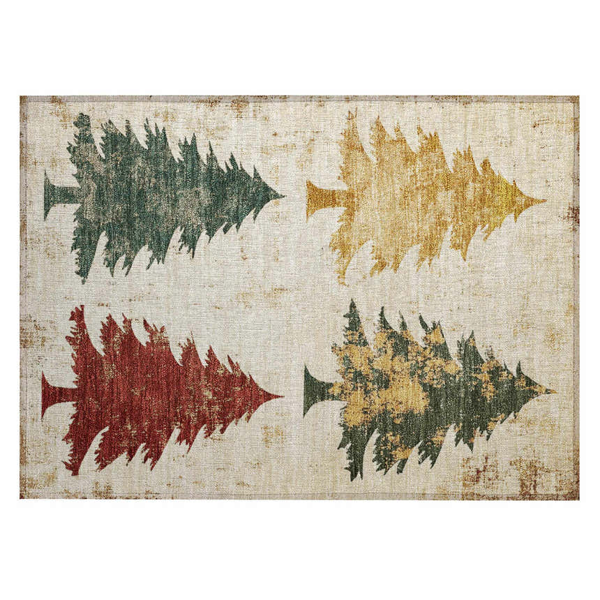 Dalyn Wonderland WN19 Ivory Washable Area Rug with burgundy, gold, and green Christmas tree pattern. Holiday style.