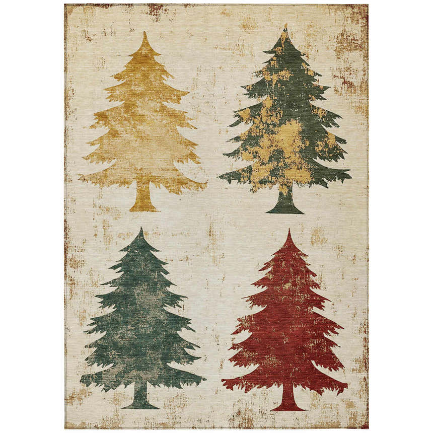 Dalyn Wonderland Ivory Washable Area Rug with burgundy, chestnut, gold, and green Christmas tree design.