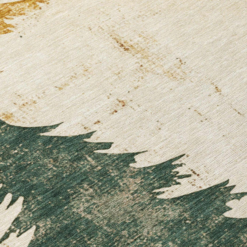 Close-up of the Dalyn Wonderland WN19 Ivory Washable Area Rug with green tree design on an ivory background.