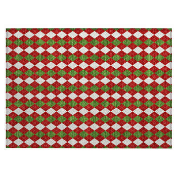 Close-up of Dalyn Wonderland WN20 Red Washable Area Rug. Red, green, and off-white argyle pattern. Holiday style.