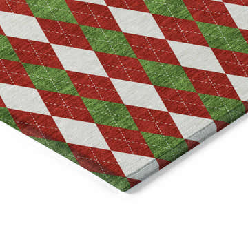 Close-up of Dalyn Wonderland WN20 Red Washable Area Rug. Argyle pattern in red, green, and off-white. Holiday style.