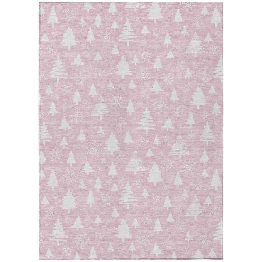 Dalyn Wonderland WN23 Pink Washable Area Rug with white Christmas trees and snowflakes pattern.