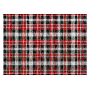 Close-up of Dalyn Wonderland WN25 Black Washable Area Rug with a red, black, and off-white plaid pattern.