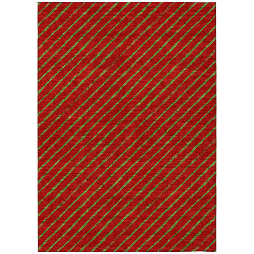 Close-up of the Dalyn Wonderland WN27 Merlot Washable Area Rug with green stripes on a merlot background.