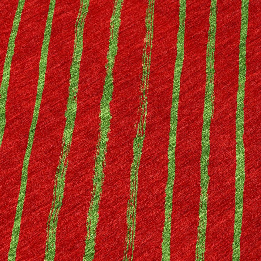 Close-up of Dalyn Wonderland WN27 Merlot Washable Area Rug with green stripes and merlot background. Holiday style.