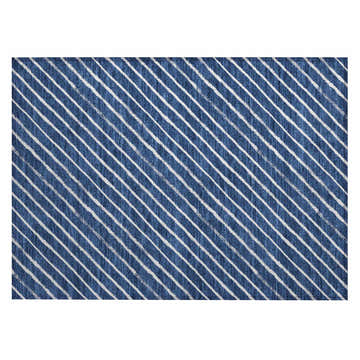 Close-up of Dalyn Wonderland WN27 Navy Washable Area Rug with a diagonal stripe pattern in navy and white.