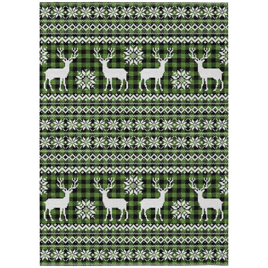 Dalyn Wonderland WN28 Cactus rug featuring a holiday design with reindeer and snowflakes in black, cactus, and chestnut.