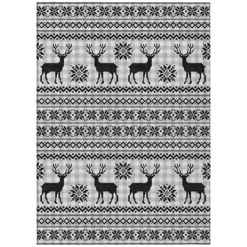 Dalyn Wonderland WN28 Silver Washable Area Rug with black reindeer and snowflake holiday pattern on a gray buffalo check background.