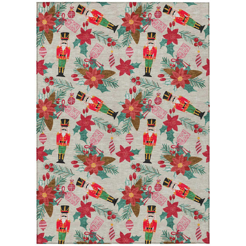Close-up of Dalyn Wonderland WN30 Beige Washable Area Rug featuring nutcrackers, ornaments, and poinsettias on a beige background.