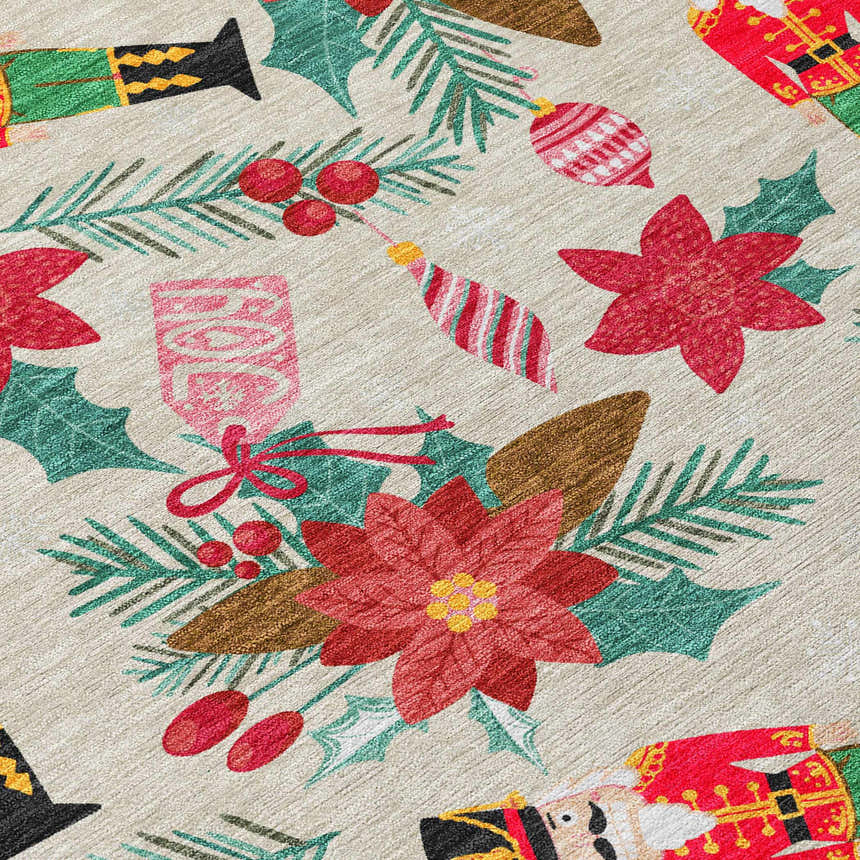 Close-up of the Dalyn Wonderland WN30 Beige Washable Area Rug featuring nutcrackers, ornaments, holly, and poinsettias.