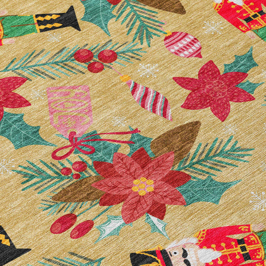 Close-up of Dalyn Wonderland WN30 Gold Washable Area Rug. Holiday design with nutcrackers, ornaments, and poinsettias.
