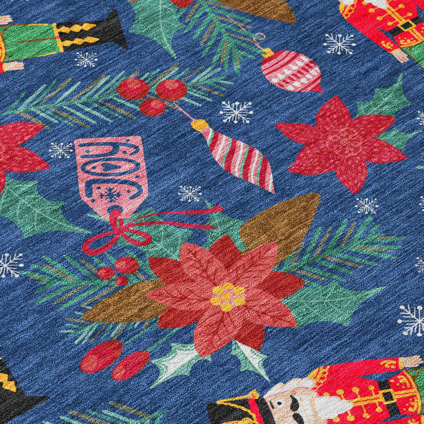 Close-up of Dalyn Wonderland WN30 Navy Washable Area Rug with holiday ornaments, nutcrackers, poinsettias, and snowflakes.