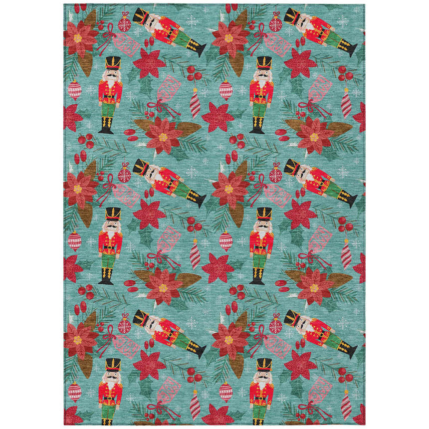 Dalyn Wonderland Teal rug close-up featuring a festive nutcracker, poinsettia, and ornament pattern.