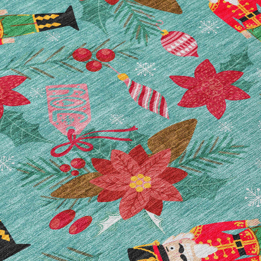 Close-up of Dalyn Wonderland WN30 Teal Washable Area Rug featuring nutcrackers, ornaments, poinsettias, and holly.