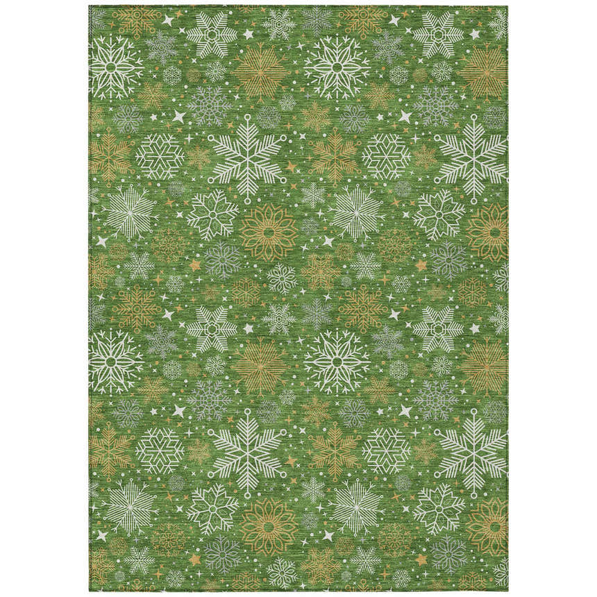 Dalyn Wonderland WN31 green rug with snowflake pattern. Holiday style rug in chestnut, gold, and green. Machine-made polyester rug.