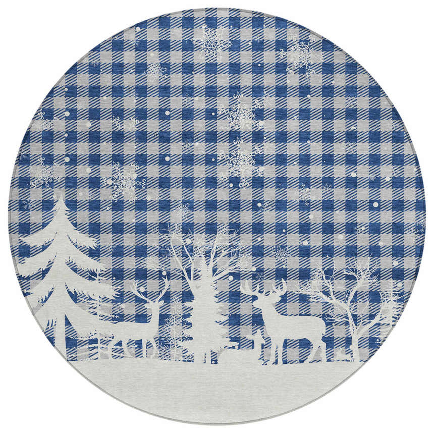 Round Dalyn Wonderland WN32 Blue Washable Area Rug with blue buffalo check, snowflakes, and a white winter scene.
