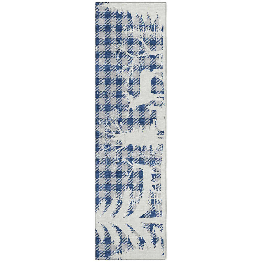 Dalyn Wonderland WN32 Blue Washable Area Rug. Runner with blue and taupe plaid and white winter tree and deer design.