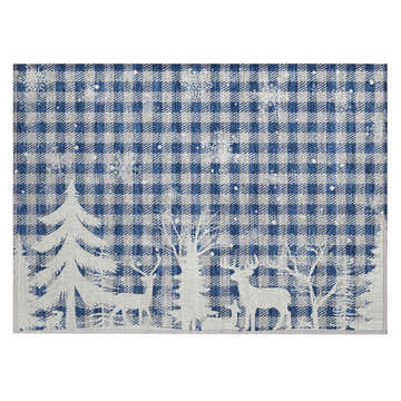 Dalyn Wonderland WN32 Blue Washable Area Rug with blue plaid and winter scene with deer and trees. Holiday style.