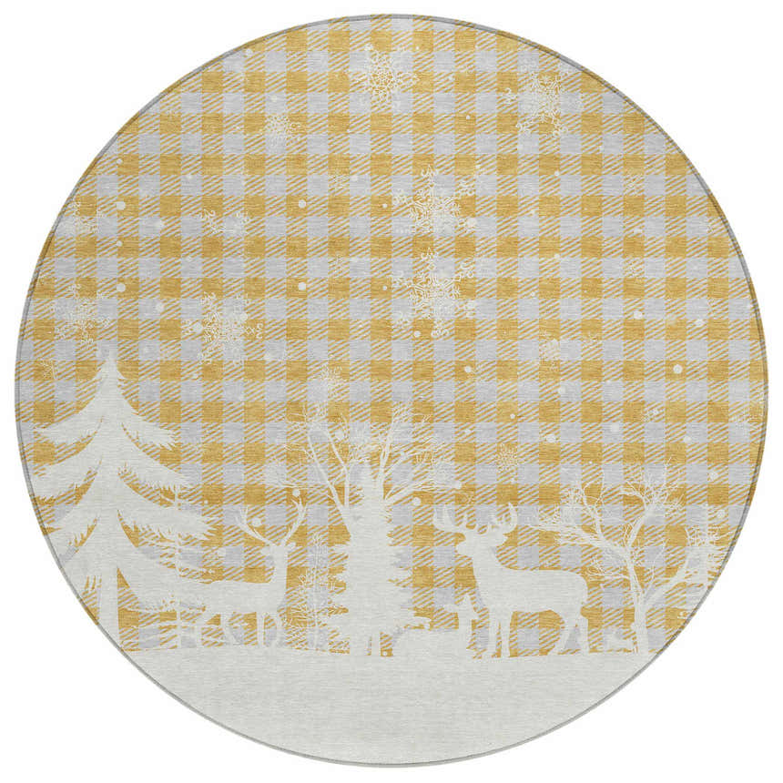 Dalyn Wonderland WN32 Gold Washable Area Rug with gold plaid, deer and tree holiday design. Round shape.