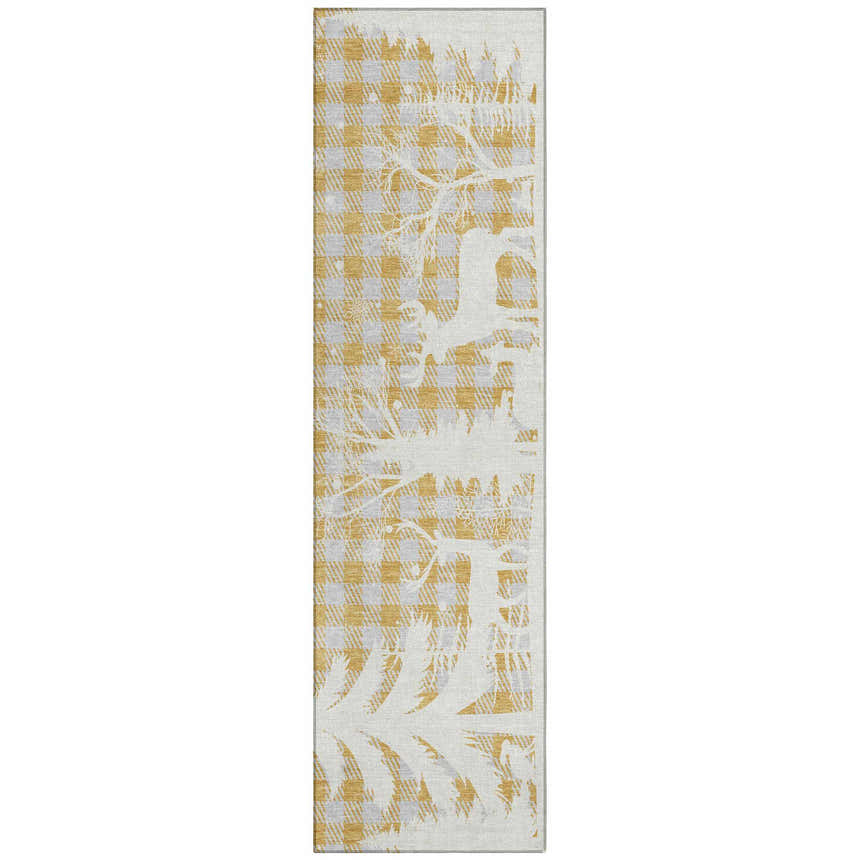 Close-up of the Dalyn Wonderland WN32 Gold Washable Area Rug with a gold plaid pattern and white tree design.