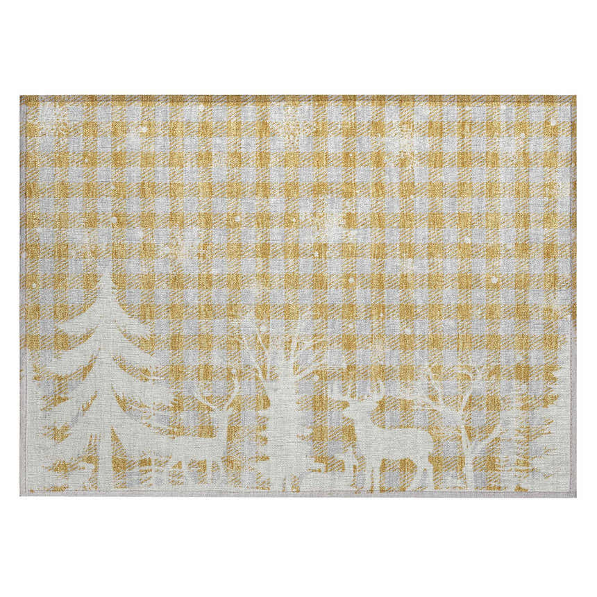 Close-up of the Dalyn Wonderland WN32 Gold Washable Area Rug. Features a gold plaid pattern and a white holiday scene.