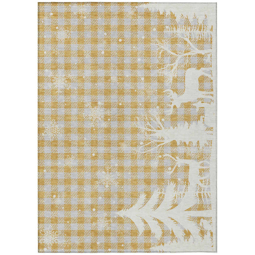 Close-up of the Dalyn Wonderland WN32 Gold Washable Area Rug. Features a gold and taupe checkered pattern with white snowflakes.