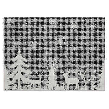 Dalyn Wonderland WN32 Gray Washable Area Rug with black plaid, snowflakes, trees, and deer holiday design.