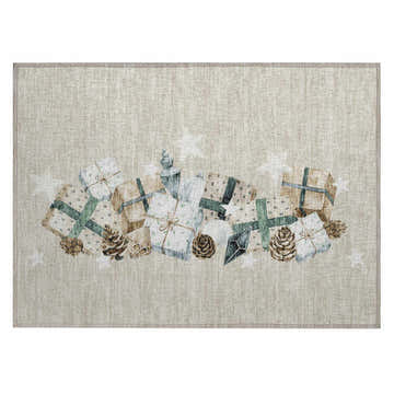 Beige Dalyn Wonderland rug with a holiday design of gifts, pinecones, and stars.