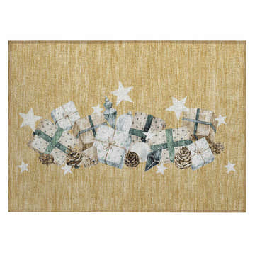Dalyn Wonderland WN33 Gold rug with a festive print of gifts, stars, and pinecones on a beige background.
