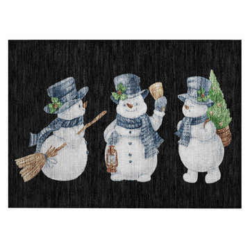 Dalyn Wonderland WN34 Black Washable Area Rug with a trio of snowmen wearing hats and scarves on a black background.