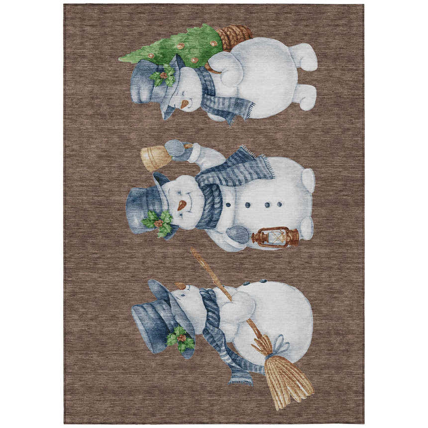 Dalyn Wonderland WN34 Brown Washable Area Rug with snowman design in denim and gold. Holiday style.