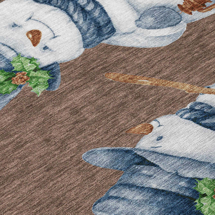 Close up of the Dalyn Wonderland WN34 Brown Washable Area Rug featuring snowmen with blue scarves and holly.