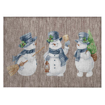 Dalyn Wonderland WN34 Taupe Washable Area Rug featuring snowmen with hats, scarves, and holiday accessories on a textured taupe background.