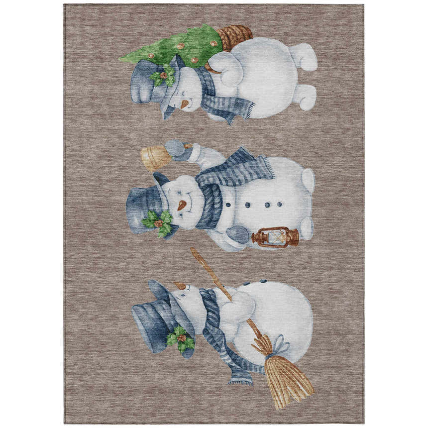 Dalyn Wonderland WN34 Taupe Washable Area Rug with snowmen wearing hats and scarves, carrying a tree, lantern, and broom.
