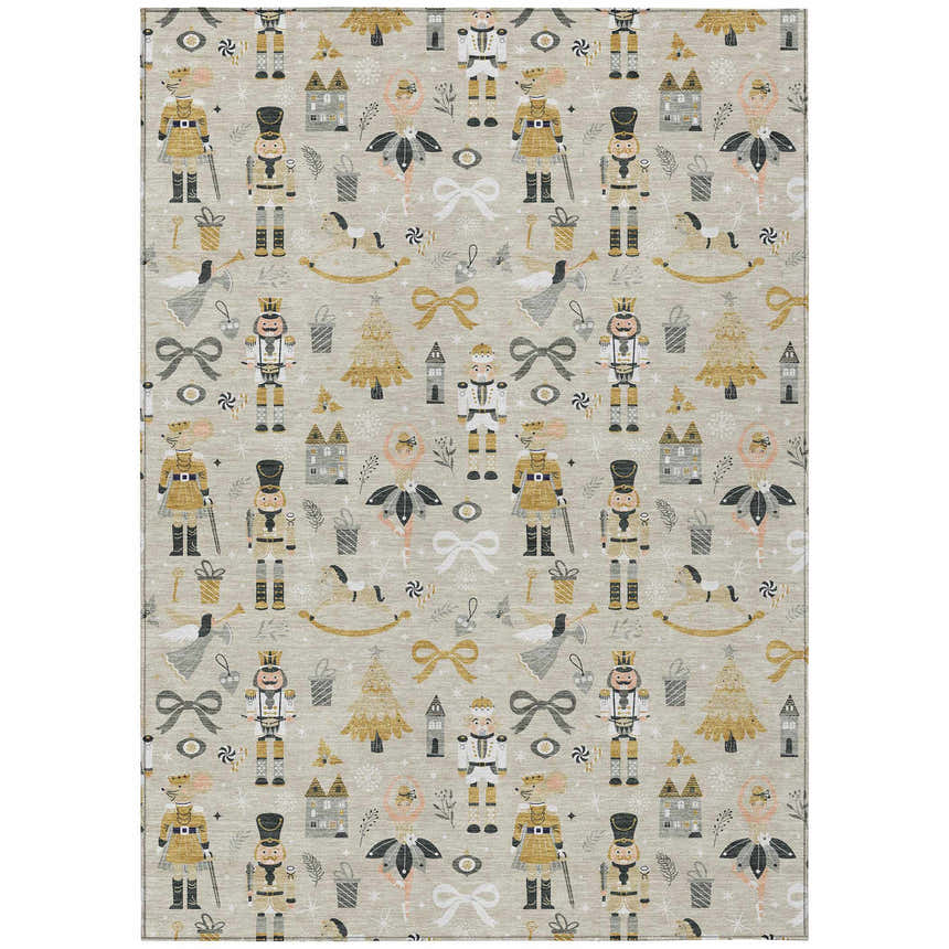 Dalyn Wonderland WN35 Beige Washable Area Rug with nutcrackers, ballerinas, and holiday motifs.