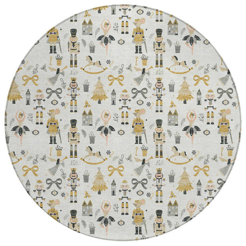 Close-up of the round Dalyn Wonderland WN35 Ivory rug. Features a holiday pattern with nutcrackers, ballerinas, and rocking horses.