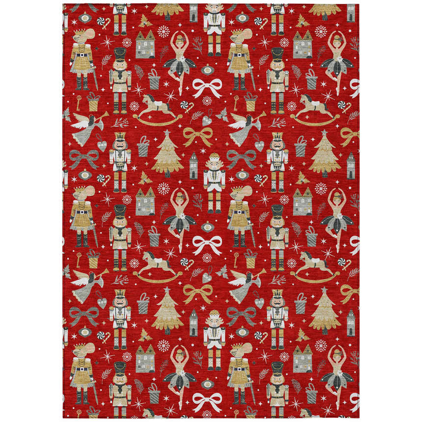 Close-up of Dalyn Wonderland WN35 Red Washable Area Rug featuring nutcrackers, ballerinas, and holiday motifs.
