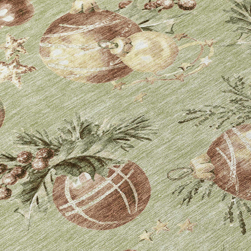 Close-up of the Dalyn Wonderland WN36 Aloe Washable Area Rug, featuring a holiday ornament and pine branch pattern on an aloe green background.