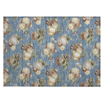 Close-up of the Dalyn Wonderland WN36 Denim Washable Area Rug. The rug has a blue background with holiday ornaments.