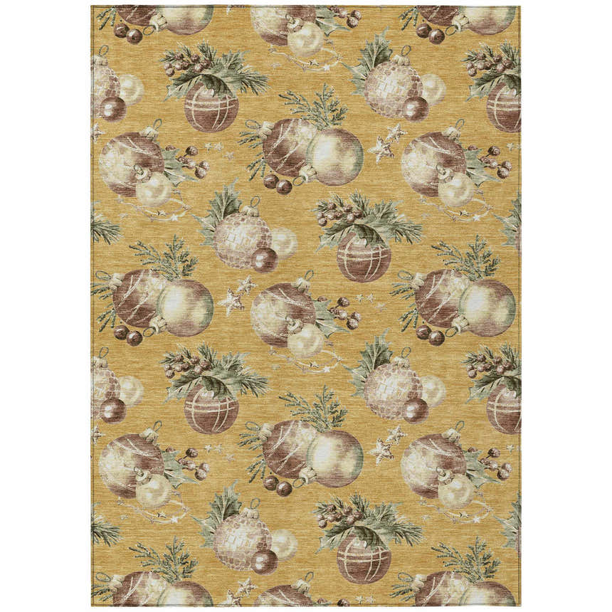 Dalyn Wonderland WN36 Gold Washable Area Rug with a festive ornament and evergreen design on a gold background.
