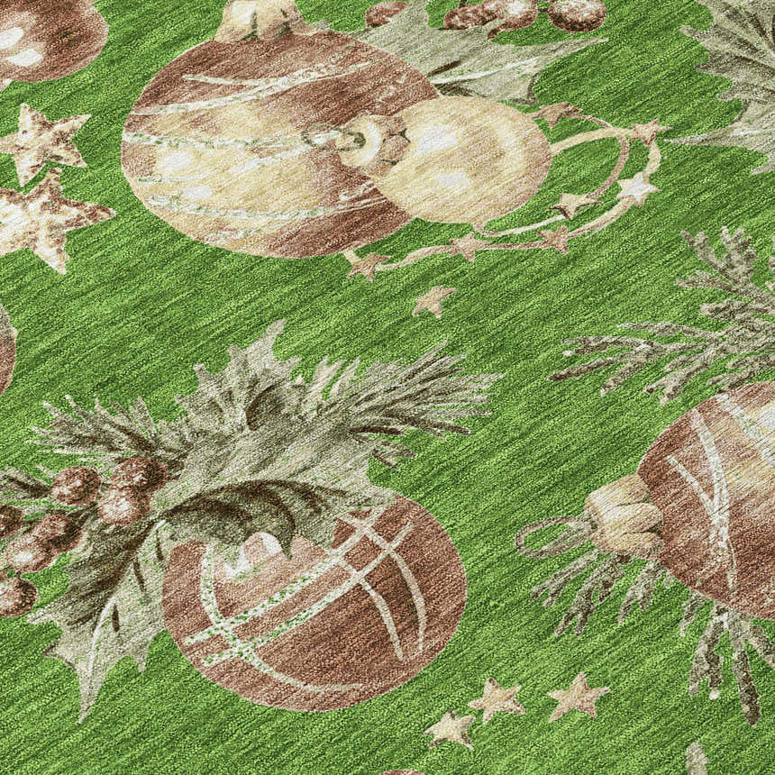Close-up of Dalyn Wonderland WN36 Green Washable Area Rug with holiday ornament and star pattern.