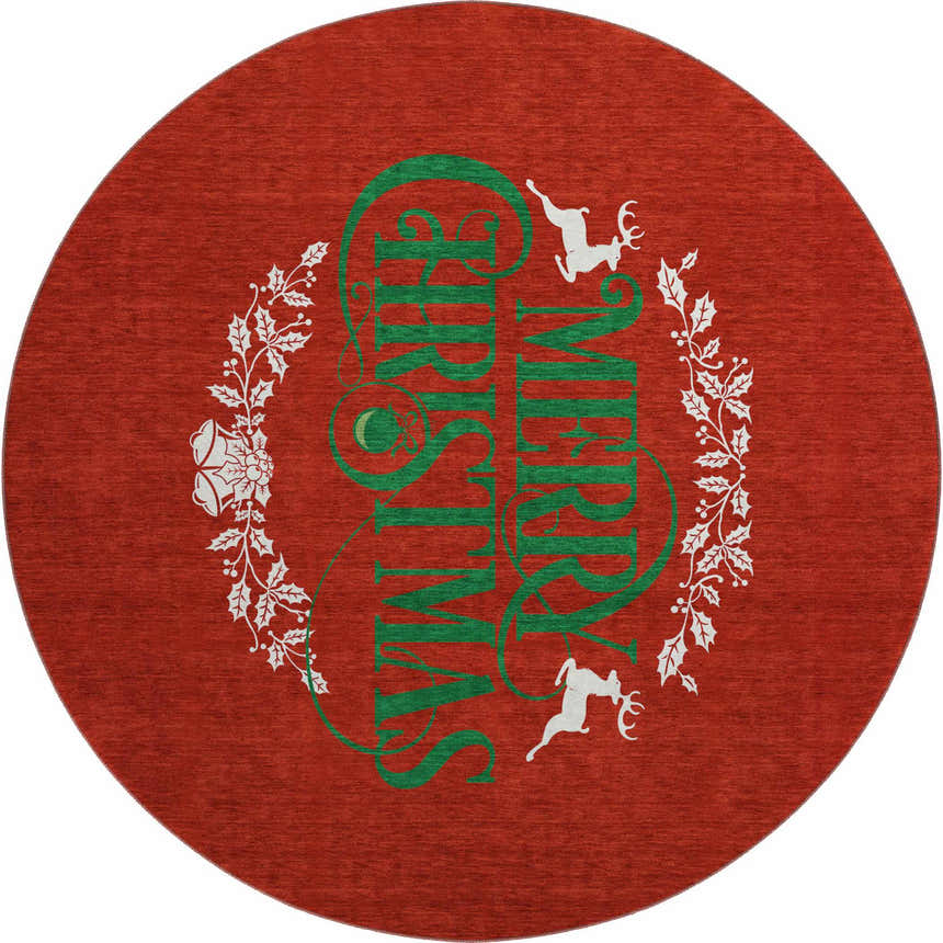 Dalyn Wonderland WN6 Red Washable Area Rug close-up. Round rug with green Merry Christmas text and white holiday icons.