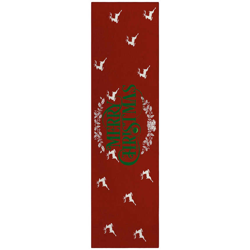 Dalyn Wonderland WN6 Red Washable Area Rug. Holiday style with reindeer and Merry Christmas wreath design.