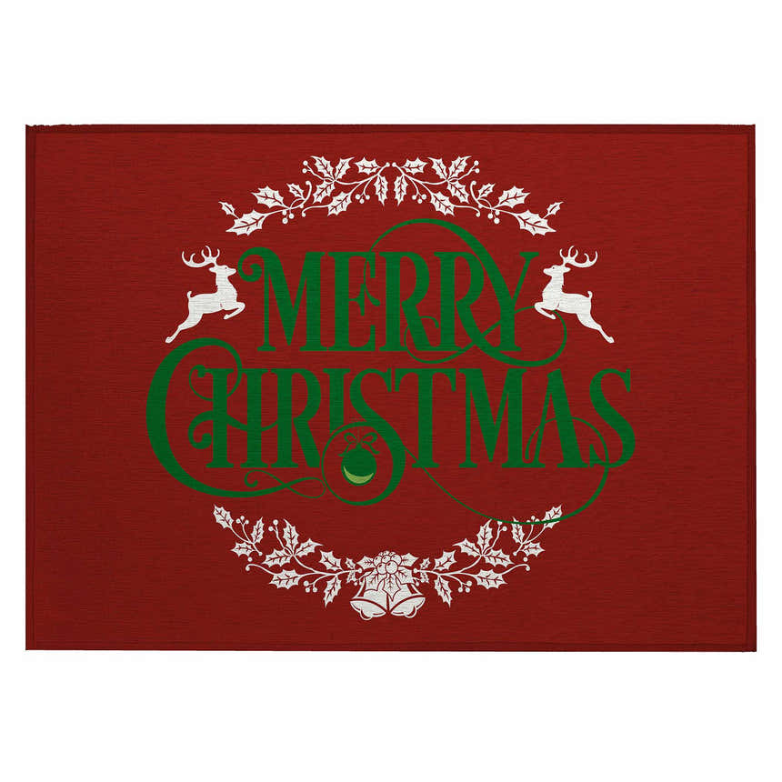 Dalyn Wonderland WN6 Red Washable Area Rug with green Merry Christmas text, reindeer, and white holly wreath.