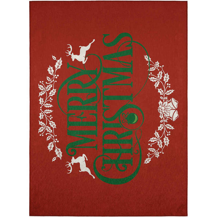Close-up of the Dalyn Wonderland WN6 Red Washable Area Rug. Features a festive Merry Christmas design with reindeer and holly.