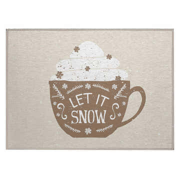Dalyn Wonderland Beige Washable Area Rug with a festive mug and Let It Snow design. Holiday style.