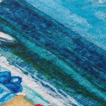 Close-up of Dalyn Wonderland WN9 Ocean Washable Area Rug. Abstract design with blue, teal, green, and beige hues.