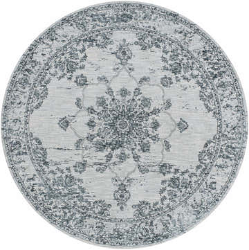 Round Wandina Traditional Luxe Rug. Cream and dark blue floral medallion pattern. Machine woven polyester rug. Design-Round-67